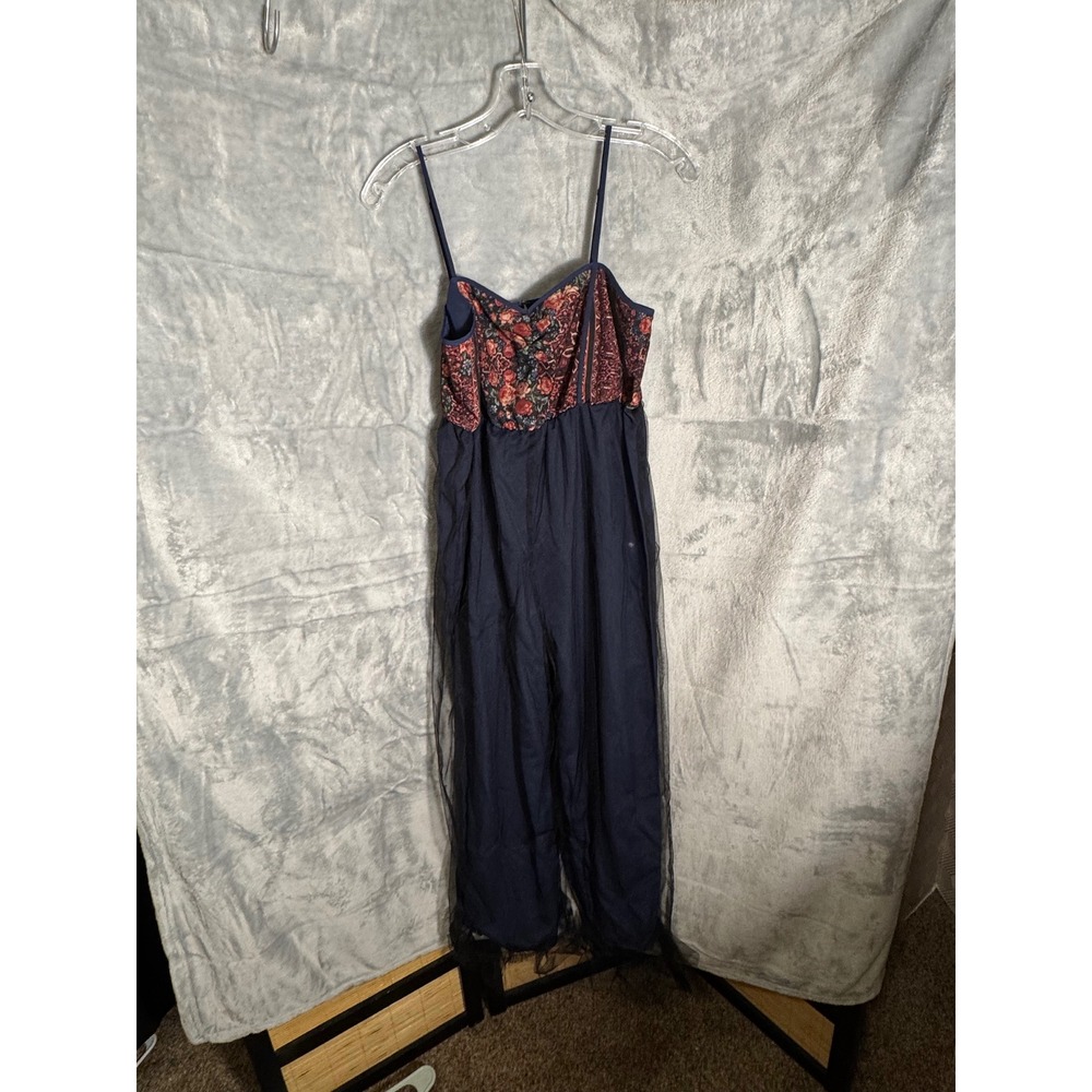 Navy Floral Print Tulle Overlay Jumpsuit Wide Leg Evening Party NEW size small